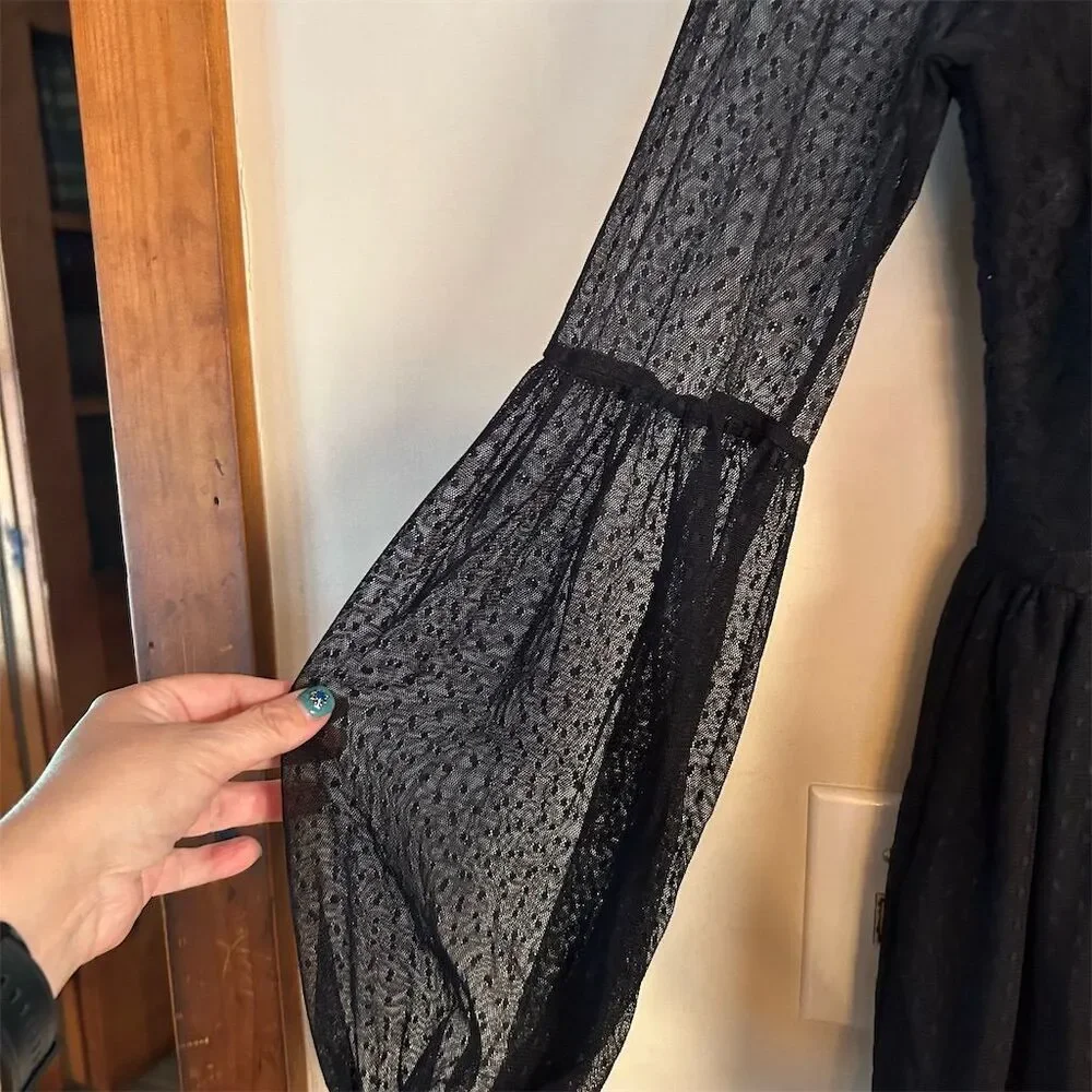 Disney Snow White Black Lace Swing Dress M Polka Dot Party Long Sleeve - Picture 2 of 11